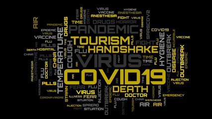 Yellow word cloud concept. COVID-19 word collage illustration