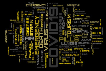 COVID-19 virus yellow word cloud concept illustration