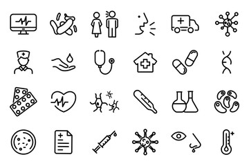 Medicine and Health symbols - Outline web icon set. Bacteria, Virus Vector Line Icons. Coronavirus icons, symptoms, transmission, prevention, treatment. Epidemic Coronavirus