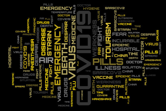 COVID-19 virus yellow word cloud concept illustration