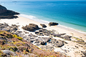 Landscape of the Brittany coast in the Cape Frehel region with its beaches, rocks and cliffs in summer.