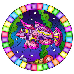 Illustration in stained glass style with abstract pink fish on the background of water and algae, oval image in bright frame