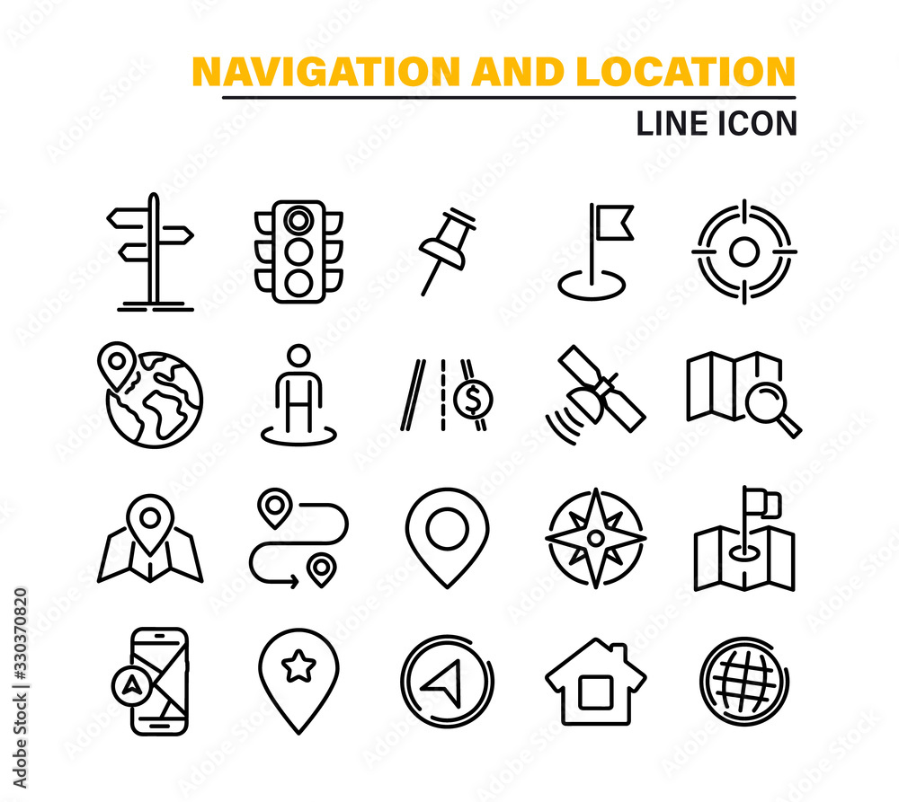 Poster Navigation and Map icon set. Map pin and Location, Route map, Navigation, Direction and more. Simple Set of World Map, Office Location, Traffic Light, Compass line Icons