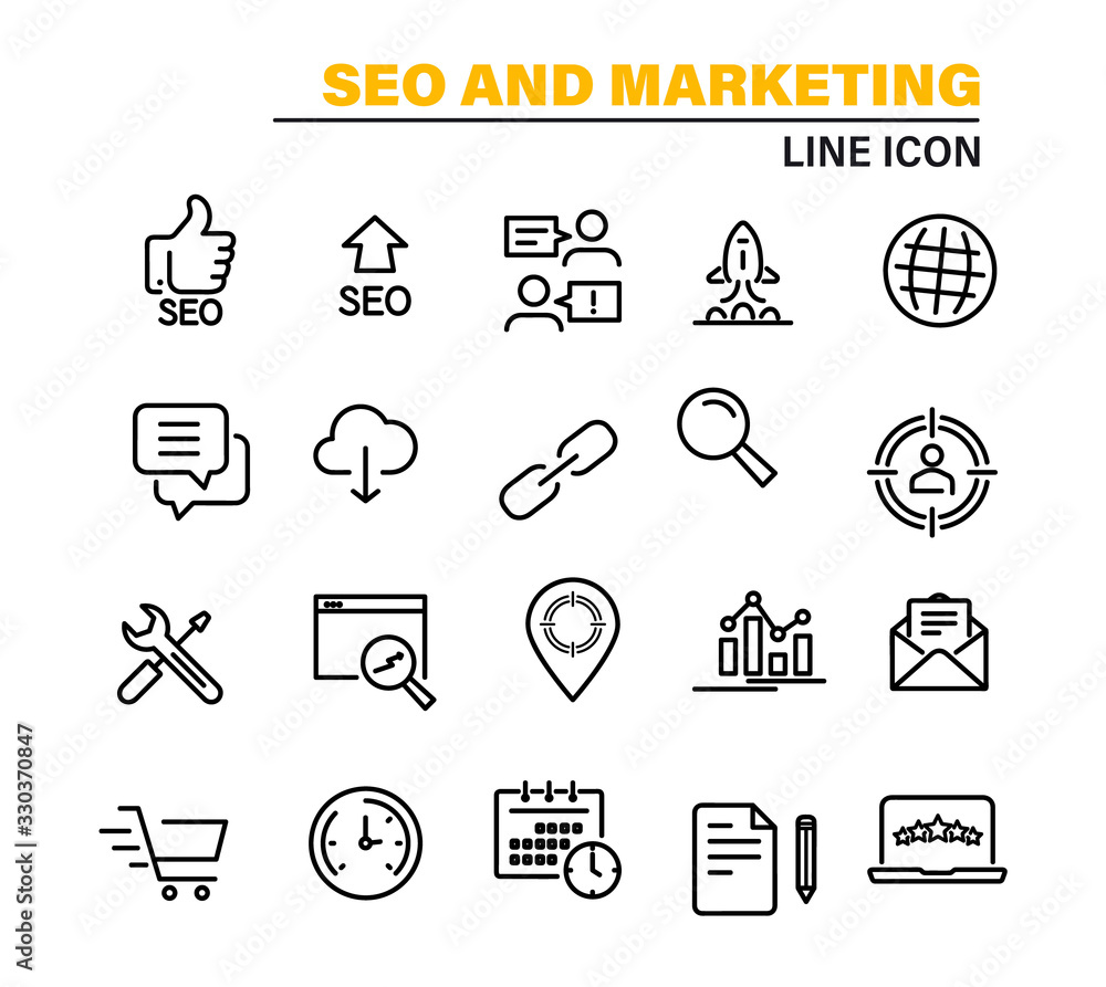 Leinwandbilder SEO Search Engine Optimisation and Marketing. Collection modern lines web icons. Editable Stroke. Search Engine Optimization, Target, Watch List, Website Stats and more