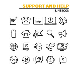 Set of Help and Support lines web icons. Help, Support and Contact. Service support, Customer service, Call center, Phone Assistant, Online Help. Support service