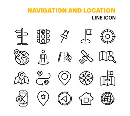 Navigation and Map icon set. Map pin and Location, Route map, Navigation, Direction and more. Simple Set of World Map, Office Location, Traffic Light, Compass line Icons