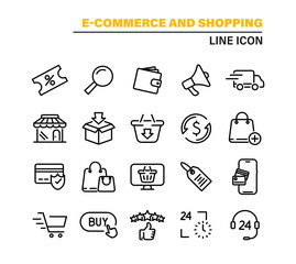 Set of E-commerce, shopping lines web icons. Shopping Cart, Present and Sale discount. Online buying linear symbols set