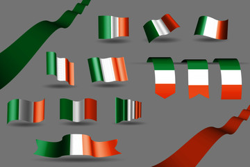 Many Ireland flags, waving banners and bookmarks in the colors of the flag green, orange, white vector illustration for anthem, flag day or any national celebration