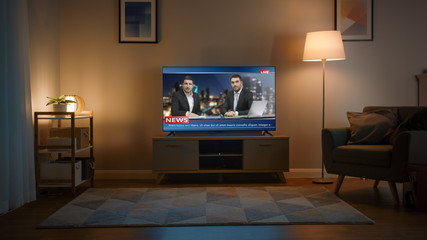 Shot of a TV with Live News Channel. Cozy Living Room at Day Time with a Chair and Lamps Turned On...