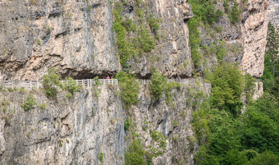 panoramic route to Sanctuary of San Romedio trentino, Trentino alto adige, northern italy  - Europe. Panoramic trail carved into the rock of the canyon