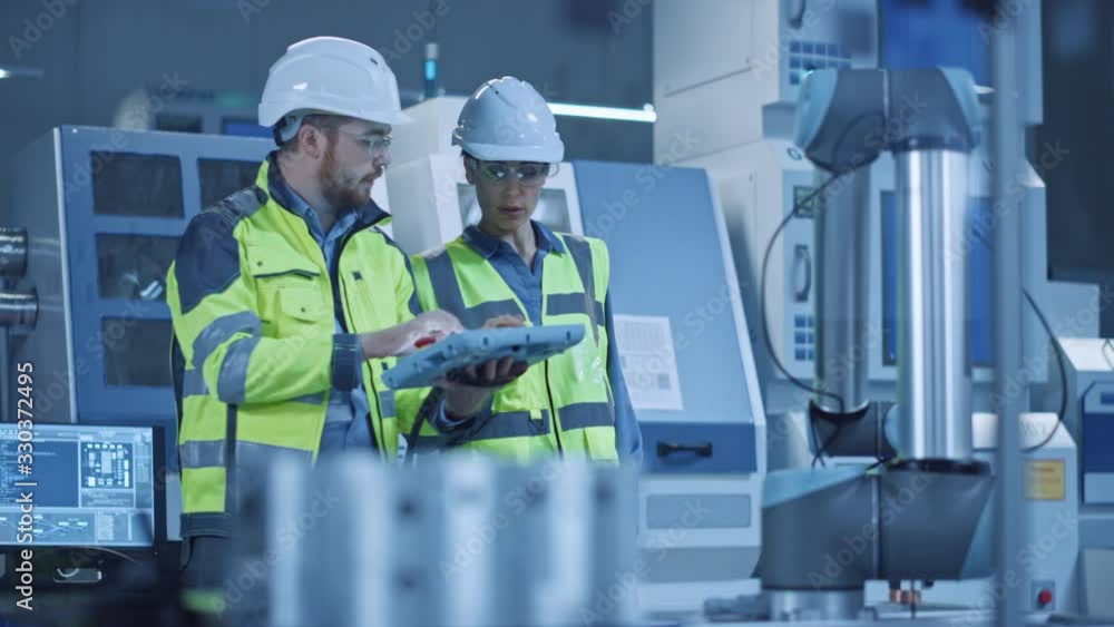 Poster Factory Workshop: Professional Female Engineer, Male Machinery Operator Use Industrial Digital Tablet Computer to Work and Program Robot Arm for Production Line. High-Tech Facility with CNC Machines