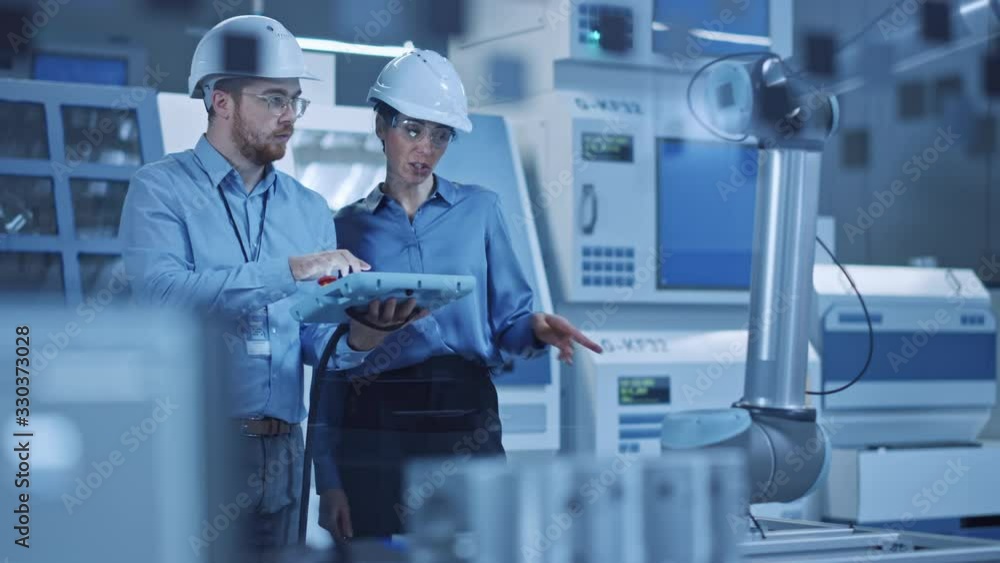 Poster Factory Workshop: Professional Female Engineer, Male Machinery Operator Use Industrial Digital Tablet Computer to Work and Program Robot Arm for Production Line. High-Tech Facility with CNC Machines