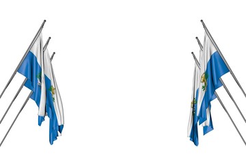 wonderful many San Marino flags hangs on diagonal poles from left and right sides isolated on white - any feast flag 3d illustration..