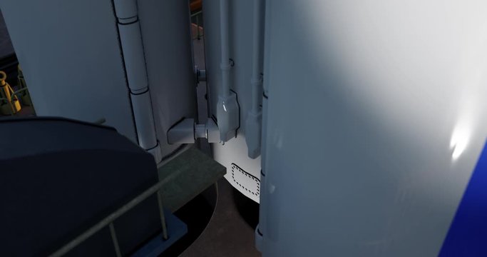 Space rocket at launch pad. 3d animation. Camera rotating and rising around shuttle. Engine, dramatic spotlights lighting rocket. Cinematic 4k resolution. Ariane 6.