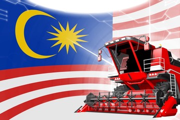 Agriculture innovation concept, red advanced wheat combine harvester on Malaysia flag - digital industrial 3D illustration