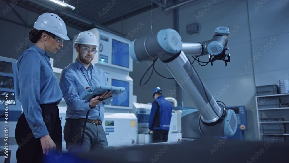Poster Factory Workshop: Professional Female Engineer, Male Machinery Operator Use Industrial Digital Tablet Computer to Work and Program Robot Arm for Production Line. High-Tech Facility with CNC Machines