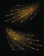 Golden sparkling rays isolated on black background. Glitter bright trail, light flash effect. Vector illustration