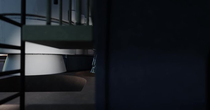 Space rocket at launch pad. 3d animation. Camera rotating and rising around shuttle focusing on Vulcan engine and spotlights lighting rocket. Cinematic 4k resolution. Ariane 6.