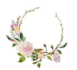 Watercolor floral wreath with pale roses and twigs with buds for design, invitation, greeting card
