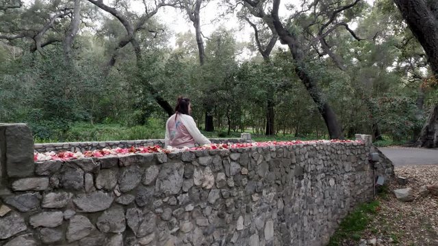 Female lady walking over stone bridge in park, slow motion