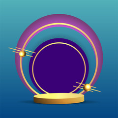Metallic golden stage with floating geometrical forms, round platform, realistic minimal background, 3d luxury round purple frame scene for product presentation