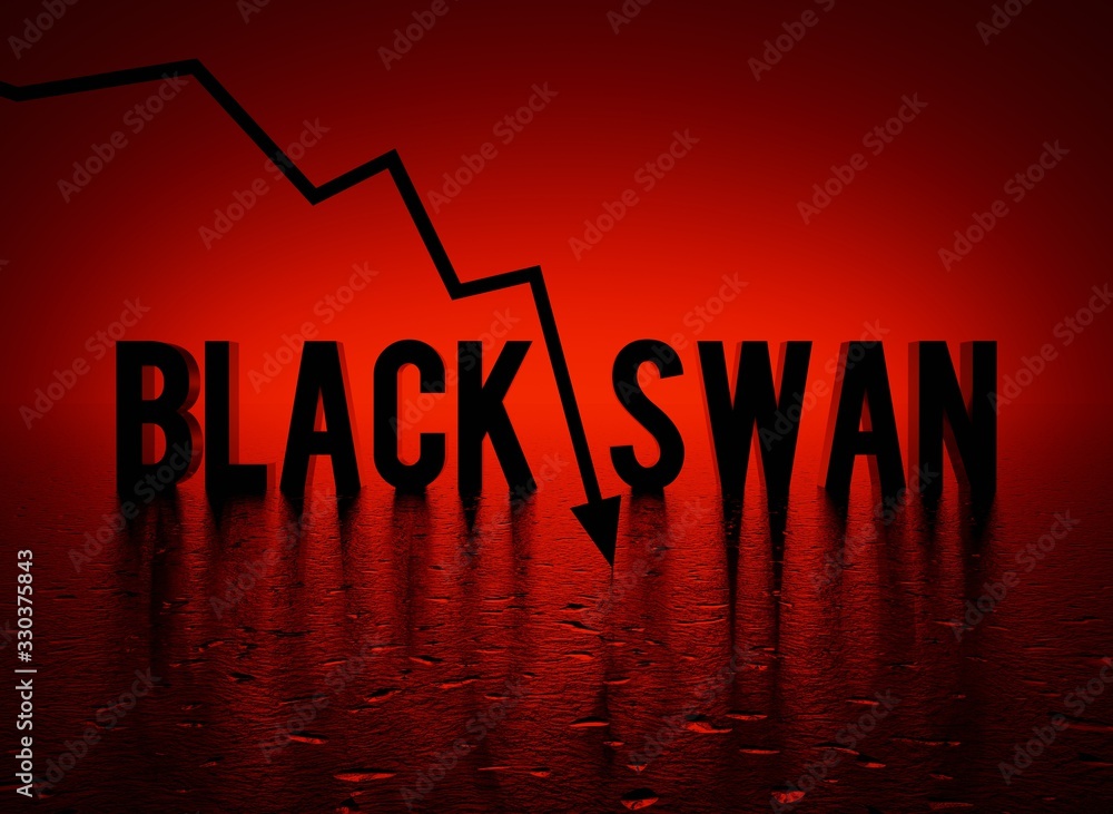 Poster black swan event text word and red crashing arrow, conceptual dark-red background 3d render
