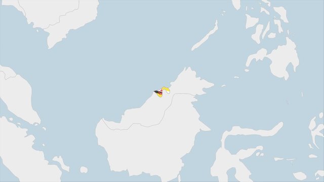Brunei map highlighted in Brunei flag colors and pin of country capital Bandar Seri Begawan.