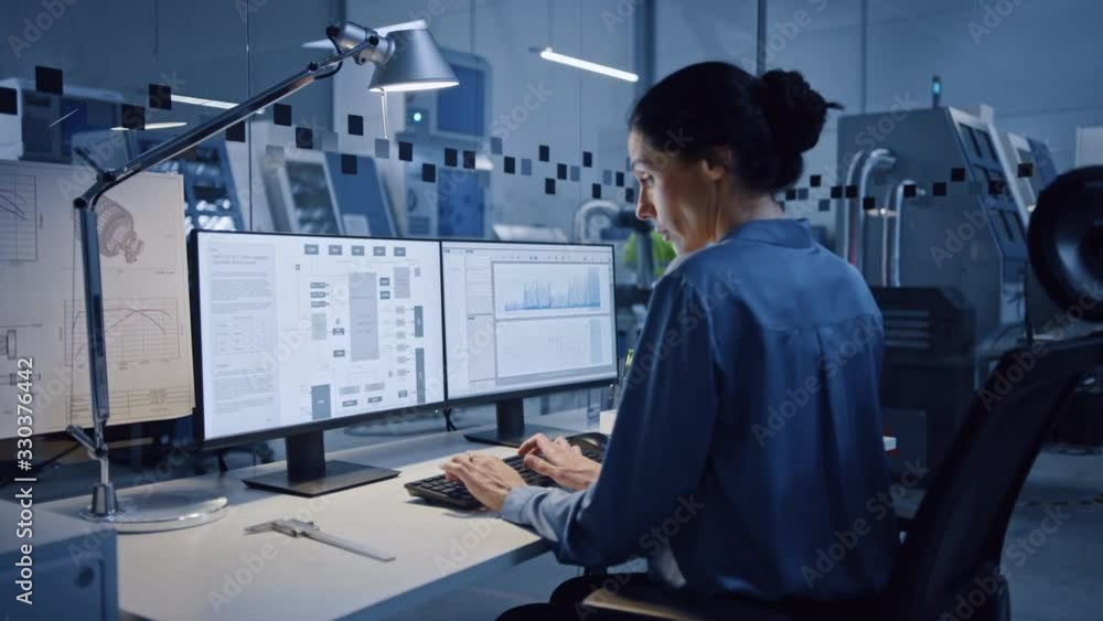 Poster In Factory: Professionals Working on CNC Machinery, Walk Through Workshop, Use Digital Tablet, Manipulate Robot Arm Production Line. Female Engineer Controls System with Computer. Moving Camera