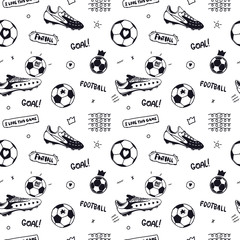 Seamless pattern with soccer ball, text and soccer sneakers. Sports background for the design of banners, flyers, print for a children's T-shirt.