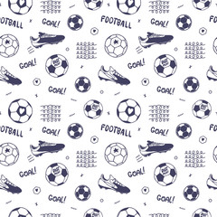 Seamless pattern with soccer ball, text, soccer boot. Sports background for boy, clothes, wrapping paper. Football wallpaper.