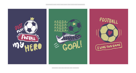Vector football. A collection of print designs for boys T-shirts, sports posters. Illustrations with a soccer ball, sneakers and lettering..