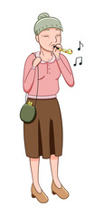 Cartoon style old woman with party whistle isolated illustration. April fool's day. White background, vector.