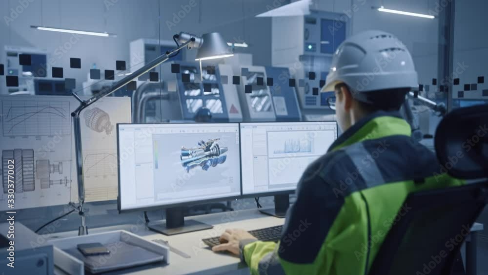 Poster In Factory: Professionals Working on CNC Machinery Walk Through Workshop, Use Digital Tablet Manipulate Robot Arm Production Line. In-Office: Male Engineer Controls System with Computer. Moving Camera