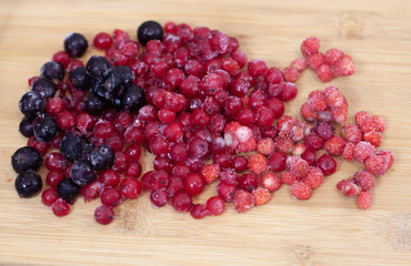 frozen berries. raspberries, black and red currants. on a wooden table