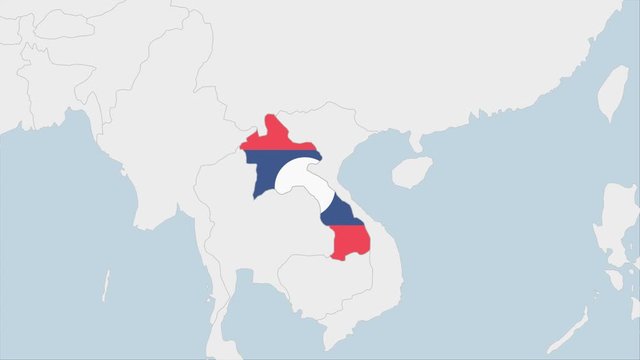 Laos map highlighted in Laos flag colors and pin of country capital Vientiane.