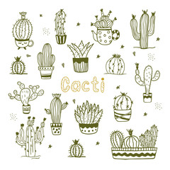 Vector set of outline cute cacti. Cartoon stile, doodle.