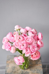 Spring background, flower Wallpaper. Persian buttercup. Bunch pink ranunculus flowers on light gray background. Vase on vintage wooden table. Wallpaper