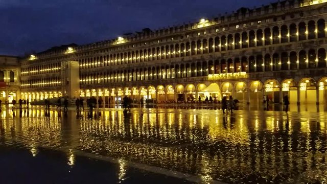 Nighttime view of the San Marco Plaza in Venice, Italy