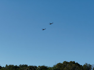 Silhouette Of two Helicopters at Clear Sky with tropical forest. Dominican Republic..