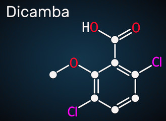 Dicamba C8H6Cl2O3 molecule. It is used as a herbicide. Skeletal chemical formula