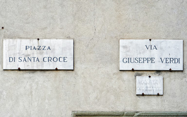 Piazza di Santa Croce and Via Giuseppe Verdi Street sign