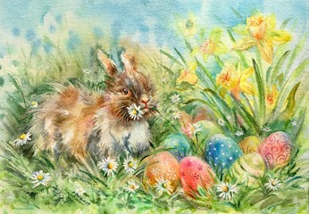 Obraz na płótnie Canvas Watercolor easter bunny and easter eggs on green grass. Decorative eggs - pink, green, blue, orange. Bunny hiding in meadow. Horizontal view, copy-space. Template for designs , card, wallpaper.