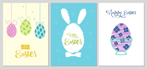 Vector set of hand drawn Easter cards. Easter eggs and bunny.