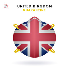 United Kingdom Quarantine Mask with Flag. Medical Precaution Concept. Vector illustration Coronavirus isolated on white background. Template Danger of Coronavirus