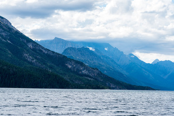 Waterton Lake in the Mountains Immersed in Clouds