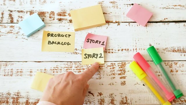 software scrum agile board with paper tasks, agile software development methodologies concept. Product backlog concept