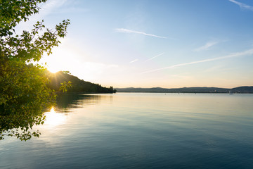 Nature reflection on the Lake Balaton in Hungary at sunset in Tihany