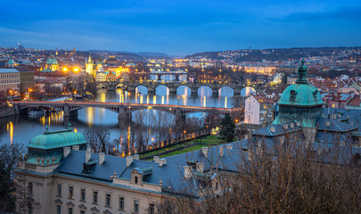 Blue hour bridges view of Prague