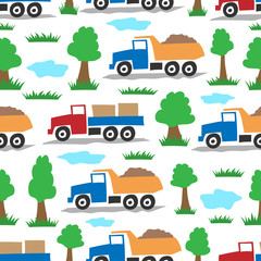Obraz na płótnie Canvas Multi-colored cartoon trucks carrying cargo. Side view. Baby seamless pattern. Vector hand graphic illustration. Isolated object on a white background. Texture.