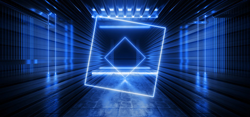 Electric Sci Fi Neon Tunnel Corridor Catwalk Laser Futuristic Pantone Blue Classic Glowing Pillars Lines Garage Underground Studio Fashion Concrete Dark Empty Club 3D Rendering